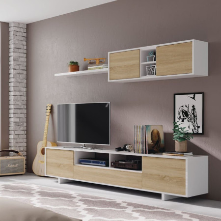 Mueble de sala modular moderno Blanco Brillo - Roble Canadian Belus 200 x 41 cm