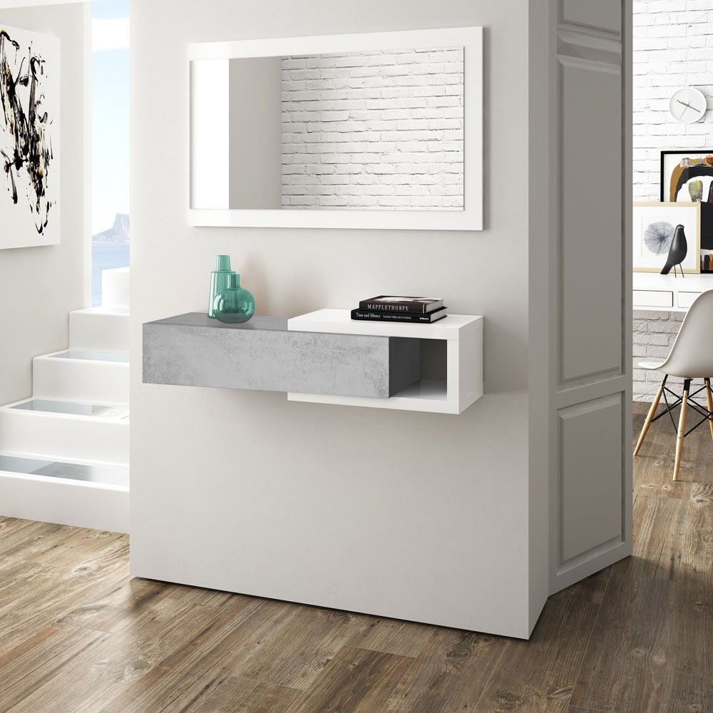 Mueble recibidor con cajón y espejo Noon, blanco Artik - Cemento 95 x 19 x 26 cm