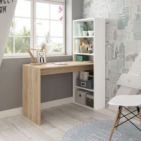 Mesa de estudio con estantería Duplo Blanco - Roble 120 x 144 x 53 cm