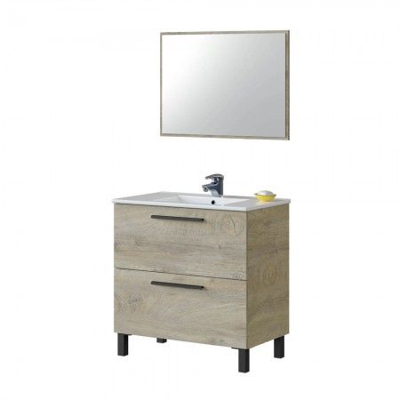 Mueble de baño económico roble 80 cm 2 cajones con espejo
