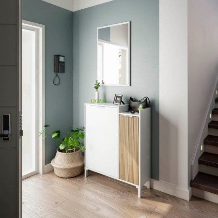 Mueble de entrada recibidor con espejo Ethna Blanco Artik - Natur 77 x 91 x 24 cm