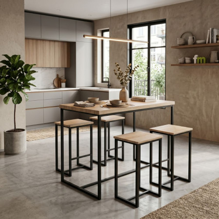 Conjunto Nagano mesa alta y taburetes diseño de estilo industrial Natural - Negro - 100 x 86 x 60 cm