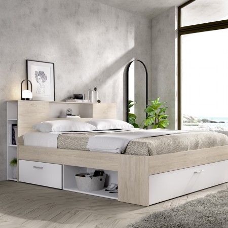 Cama compacta con cajón y puerta - Lanka - Blanco y Natural 150 x 96 x 219 cm