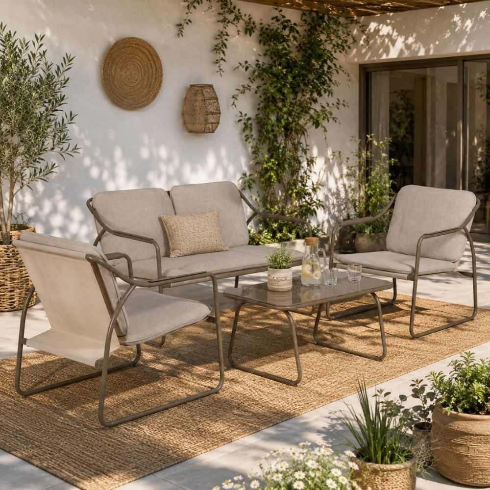 Conjunto para jardín en acero tapizado en olefina, Sofá, 2 Sillones y mesa de cristal templado