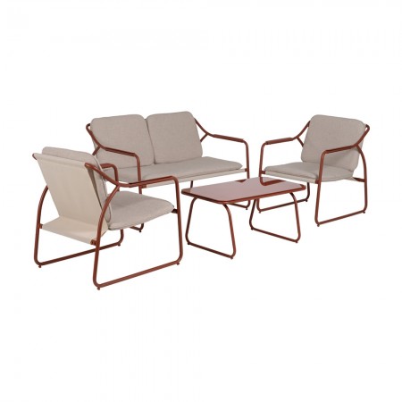 Conjunto para jardín en acero Terracota tapizado en olefina, Sofá, 2 Sillones y mesa de cristal templado