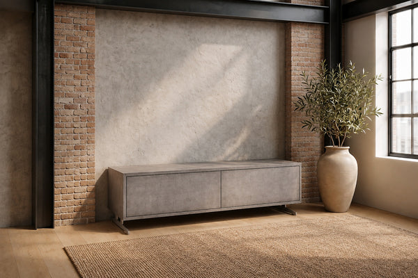 Mesa de centro KAWOLA GALA, 2 cajones, piel sintética gris, patas de acero inoxidable cepillado