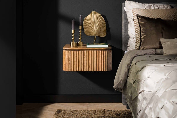 KAWOLA mesita de noche HEVE colgante redondeada madera maciza de mango natural 1 cajón