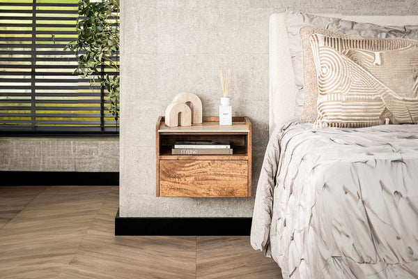 KAWOLA mesita de noche NORYN XL colgante madera maciza de mango natural 1 cajón