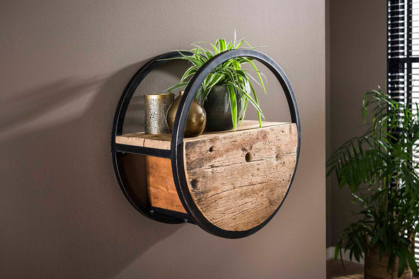 KAWOLA estante de pared RADEL Ø50 redondo de madera dura natural con cajón