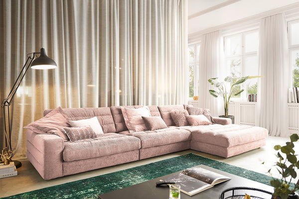 Sofá KAWOLA LANA XL, sofá esquinero de terciopelo rosa Pana