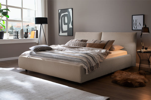 Cama HENRY de KAWOLA, cama tapizada en pana color topo