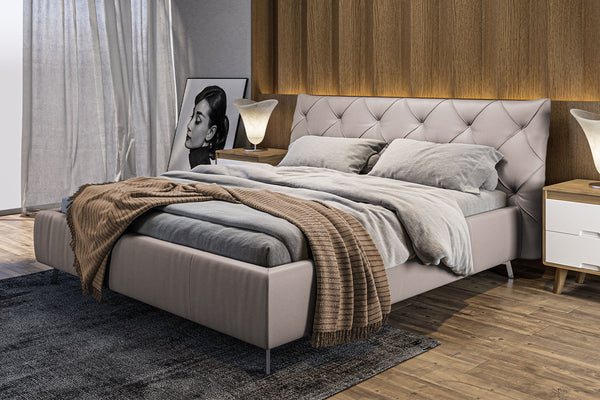 KAWOLA cama ANNY cama tapizada de cuero gris claro