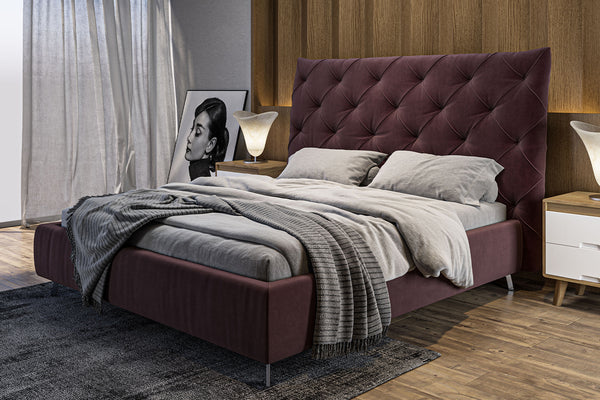 Cama KAWOLA ANNY, cama tapizada en terciopelo morado