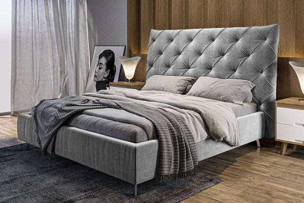 Cama KAWOLA ANNY, cama tapizada en terciopelo plateado