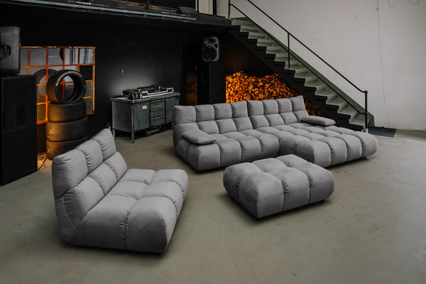 Conjunto de salón KAWOLA VIVIEN: sofá esquinero, sillón giratorio y Banco, en color de terciopelo Stone