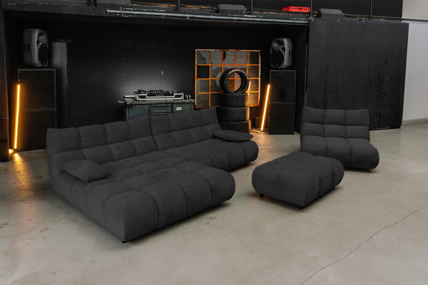 Conjunto de salón KAWOLA VIVIEN: sofá esquinero, sillón giratorio y Banco, en terciopelo negro
