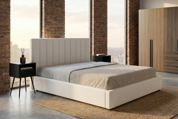 Cama KAWOLA CATTURA, cama tapizada en terciopelo color crema